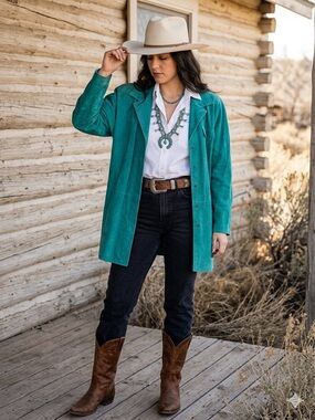 Vintage 80s 90s Courtney Rhodes Teal Suede Leather Jacket Shacket M